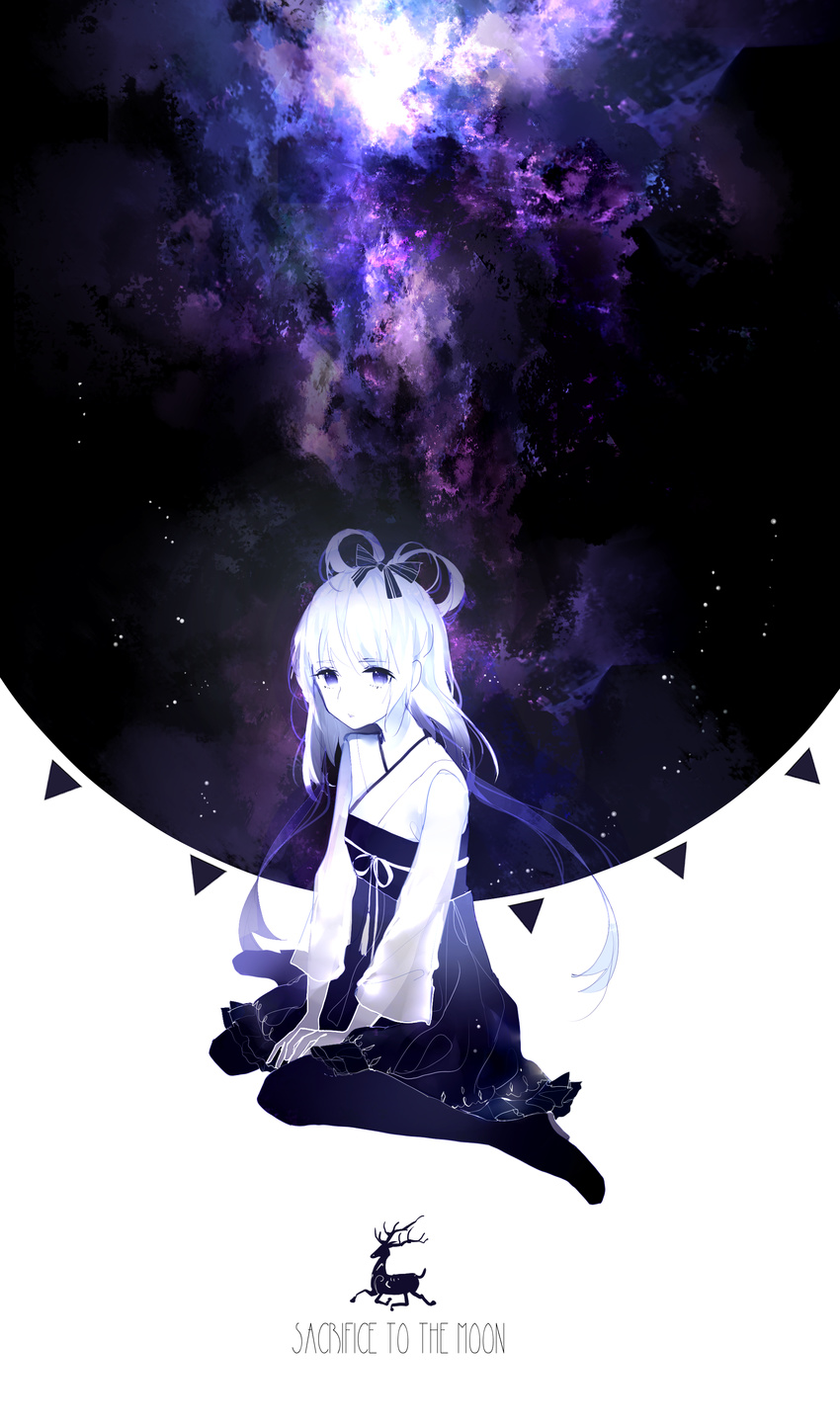 absurdres alternate_color bad_id bad_pixiv_id bow chinese_clothes dress frilled_dress frills hair_bow hair_ornament hanfu highres long_sleeves looking_at_viewer luo_tianyi monochrome nebula short_hair sitting solo space star_(sky) thighhighs vocaloid vocanese wariza yu_jiu