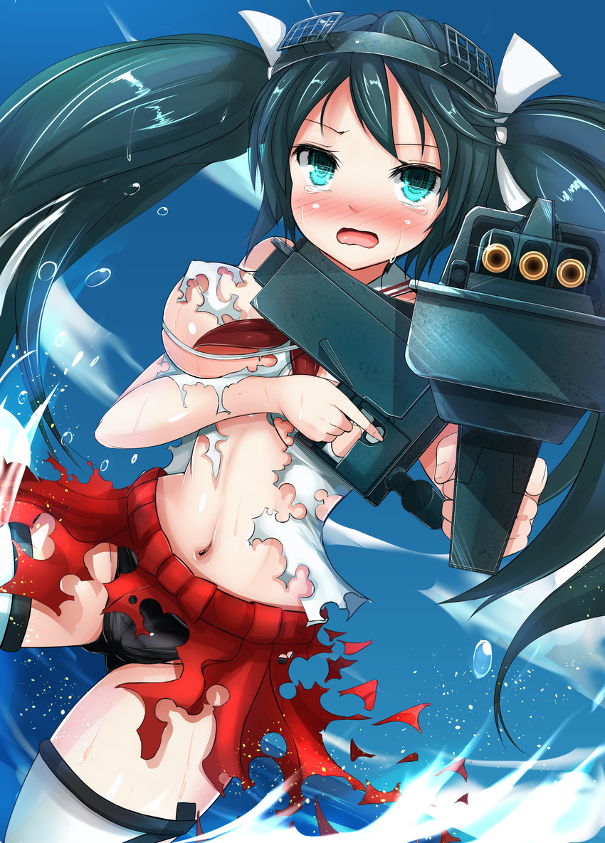 aa_gun aiming_at_viewer black_panties blue_eyes blue_hair breasts covering covering_breasts detached_sleeves hair_ribbon hairband highres isuzu_(kantai_collection) kantai_collection large_breasts long_hair navel no_bra ocean open_mouth panties pleated_skirt remodel_(kantai_collection) ribbon school_uniform serafuku skirt solo sukesan tears thighhighs torn_clothes torn_legwear turret twintails underwear water white_legwear