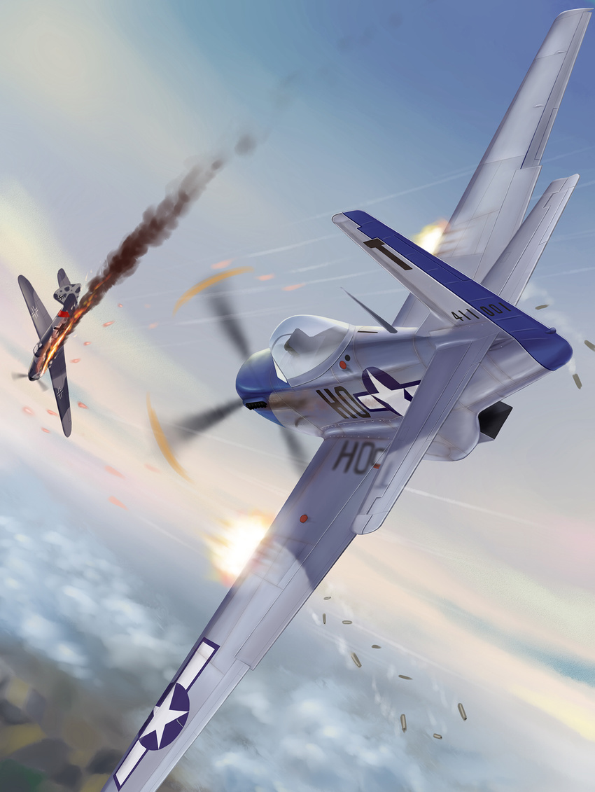 aerial_battle aircraft airplane battle bf_109 burning cloud cockpit dogfight firing highres no_humans p-51_mustang propeller sky zuotian_de_yu