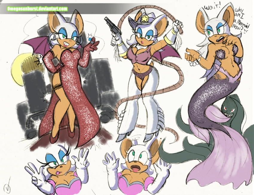 2015 anthro bat big_breasts breasts cleavage clothed clothing english_text female gun mammal marine merfolk omegasunburst ranged_weapon rouge_the_bat solo sonic_(series) text weapon