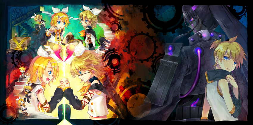 2girls bad_id bad_pixiv_id blonde_hair eyepatch gears highres kagamine_len kagamine_rin kamui_gakupo long_hair multiple_girls neji_to_haguruma_to_pride_(vocaloid) renta_(deja-vu) siblings twins vocaloid