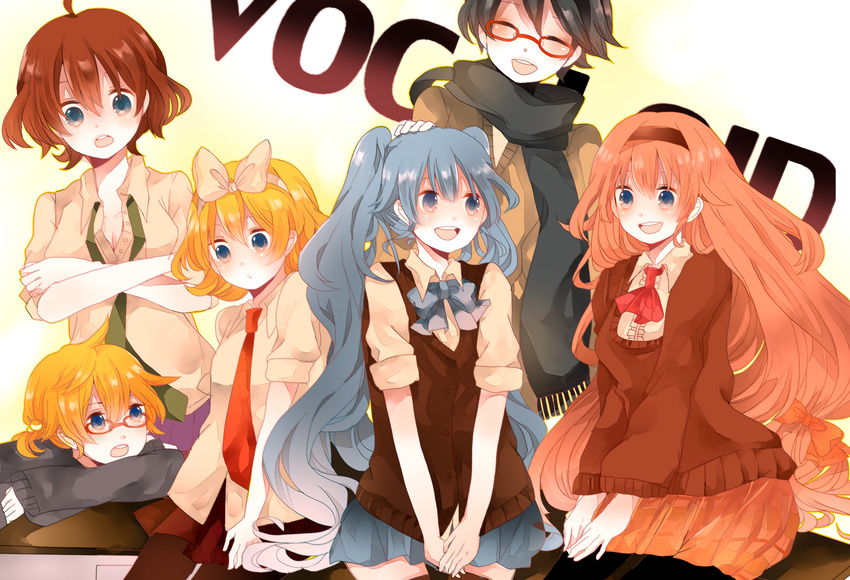 4girls aqua_hair bad_id bad_pixiv_id bespectacled black_scarf blonde_hair blue_eyes blue_hair bow brown_hair glasses hair_between_eyes hair_bow hair_ribbon hairband hatsune_miku highres kagamine_len kagamine_rin kaito komine long_hair megurine_luka meiko multiple_boys multiple_girls necktie pantyhose pink_hair red-framed_eyewear ribbon scarf school_uniform short_hair skirt sleeves_rolled_up smile sweater twintails vocaloid