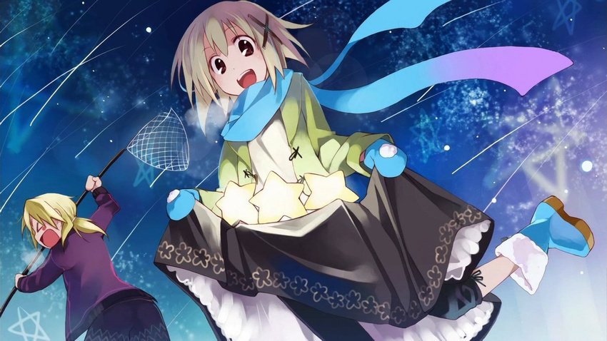 &gt;_&lt; blonde_hair boots capri_pants cardigan closed_eyes coat hair_ornament hairpin hand_net hidamari_sketch mittens miyako multiple_girls non-web_source pants pantyhose scarf screencap skirt snow star ushiki_yoshitaka winter yuno