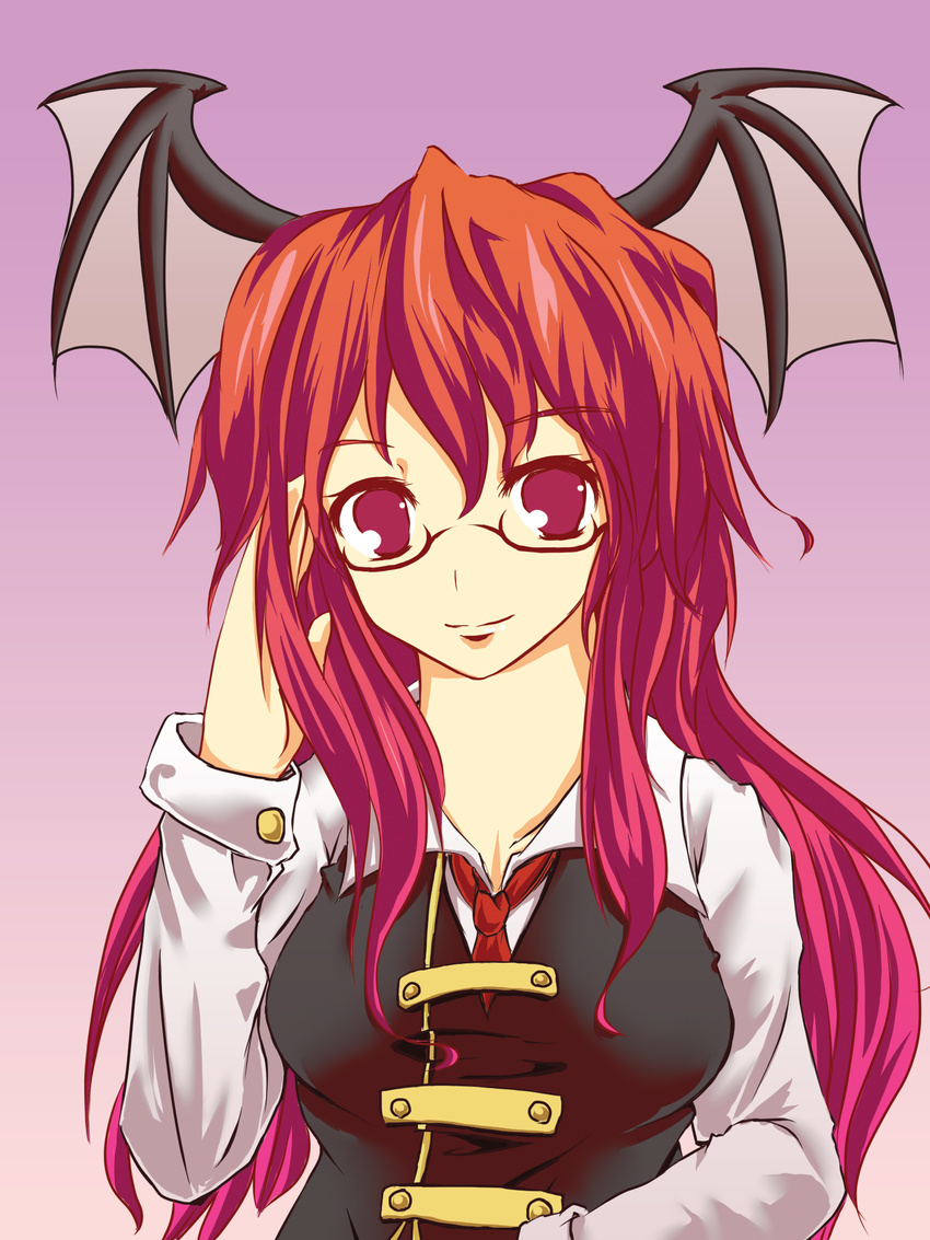 bat_wings glasses head_wings highres koakuma kuriimu long_hair red_eyes red_hair smile solo touhou wings