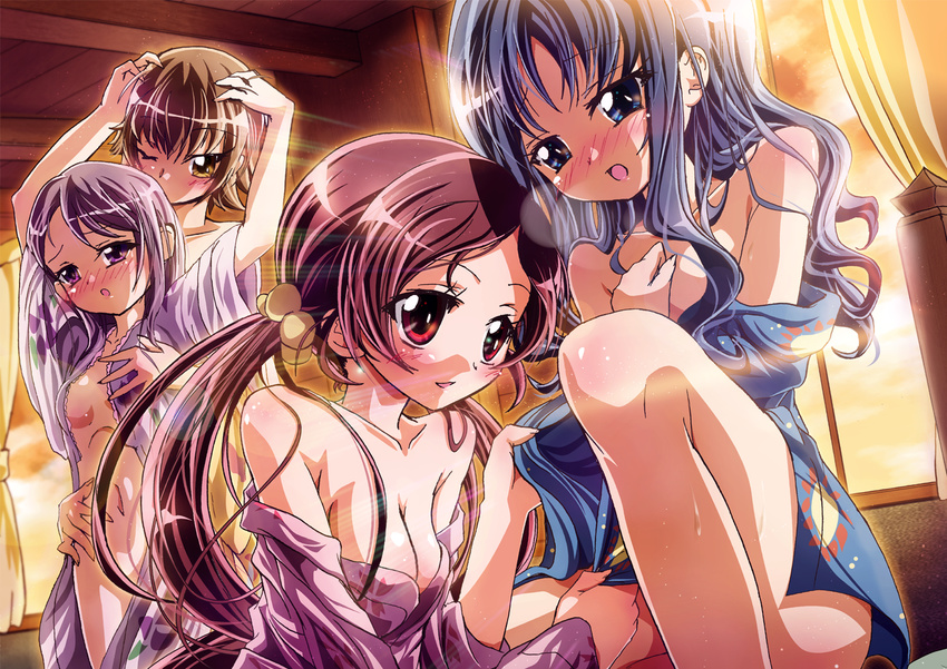 bare_shoulders blue_eyes blue_hair blue_kimono blush breasts brown_eyes brown_hair cleavage convenient_leg eyelashes floral_print hair_censor hanasaki_tsubomi heartcatch_precure! inoshishi_(ikatomo) japanese_clothes kimono kurumi_erika medium_breasts multiple_girls myoudouin_itsuki nude open_clothes open_kimono pink_kimono precure print_kimono purple_eyes purple_hair purple_kimono red_eyes red_hair sawai_naomi sun_print sunset twintails undressing yukata yuri