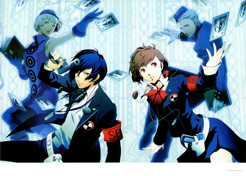 2girls absurdres blue_hair book brown_hair elizabeth_(persona) evoker female_protagonist_(persona_3) gloves hair_ornament hairclip hat headphones highres multiple_boys multiple_girls official_art pantyhose persona persona_3 persona_3_portable red_eyes scan school_uniform short_hair soejima_shigenori teodor velvet_room weapon white_hair yellow_eyes yuuki_makoto