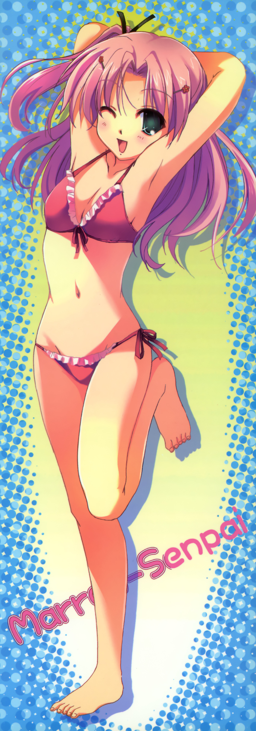 absurdres armpits arms_behind_back artist_request barefoot bikini breasts frilled_bikini frills front-tie_top green_eyes highres legs maaryan navel one_eye_closed one_side_up pink_hair side-tie_bikini small_breasts solo swimsuit to_heart_2