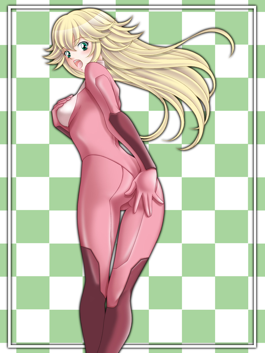 alternate_color ass blonde_hair bodysuit covering embarrassed green_eyes highres long_hair mario_(series) metroid open_mouth pink pink_bodysuit princess_peach solo super_mario_bros. tamamon zero_suit