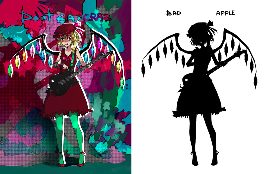 bad_apple!! blonde_hair don't_say_"lazy" electric_guitar flandre_scarlet guitar hat instrument k-on! nanoe_tetsu parody red_eyes silhouette touhou wings