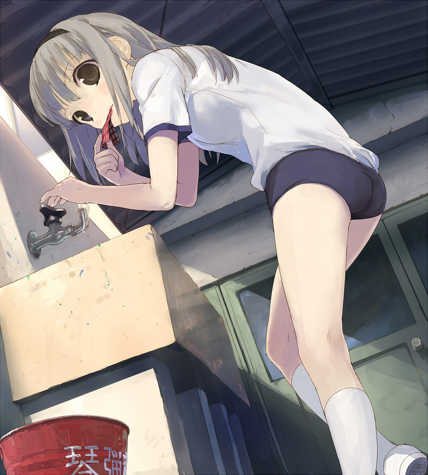 brown_eyes buruma copyright_request faucet gym_uniform highres long_hair mouth_hold silver_hair socks solo uni white_legwear