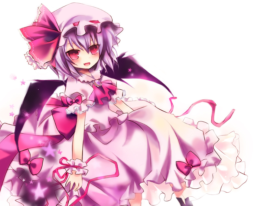 bad_id bad_pixiv_id bat_wings fang hat mayo_(miyusa) pink_eyes purple_hair remilia_scarlet ribbon short_hair smile solo star touhou wings wrist_cuffs