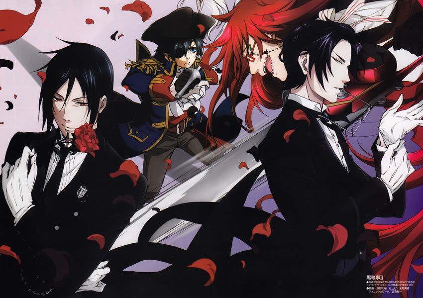 absurdres black_hair blue_eyes ciel_phantomhive claude_faustus eyepatch flower glasses gloves green_eyes grell_sutcliff hat highres kuroshitsuji long_hair multiple_boys necktie official_art petals red_eyes red_flower red_hair red_rose rose rose_petals scan sebastian_michaelis yellow_eyes