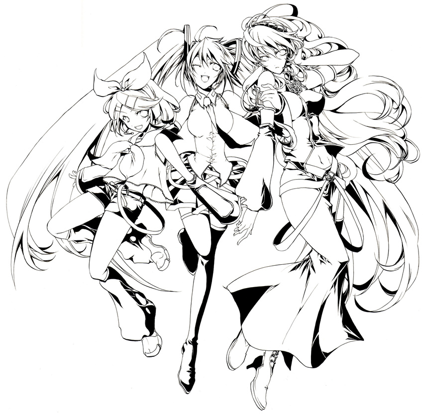 detached_sleeves greyscale hatsune_miku highres kagamine_rin lineart long_hair megurine_luka monochrome multiple_girls nekoritatsuki short_hair twintails very_long_hair vocaloid