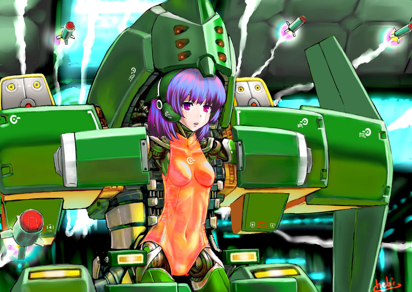 android attack bad_id bad_pixiv_id exoskeleton garanz hebina_masayoshi leotard lipstick makeup mecha_musume missile navel orange_leotard personification phantasy_star phantasy_star_online purple_eyes purple_hair robot_joints short_hair signature solo