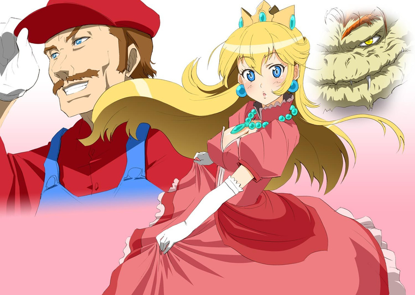 2boys :o bangs baseball_cap beads blonde_hair blue_eyes blush bowser breasts brown_hair cleavage cleavage_cutout covered_nipples crown denim dress earrings elbow_gloves facial_hair fang_out fangs floating_hair frilled_dress frills from_side gem gloves gradient gradient_background green_skin grin hat hat_tip high_collar jewelry jpeg_artifacts kimura_shigetaka large_breasts long_dress long_hair looking_at_viewer looking_to_the_side mario mario_(series) multiple_boys mustache necklace open_mouth orange_hair overalls pendant pink_background pink_dress princess_peach puffy_short_sleeves puffy_sleeves realistic short_sleeves sideburns skirt_hold smile super_mario_bros. surprised very_long_hair white_gloves yellow_eyes