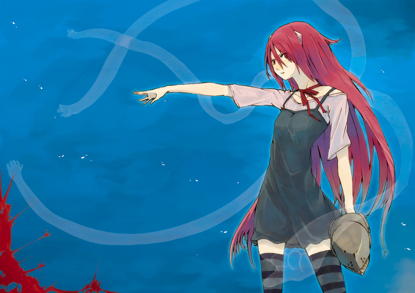 blood elfen_lied helmet horns hrd lucy outstretched_arm outstretched_hand red_hair solo thighhighs vectors