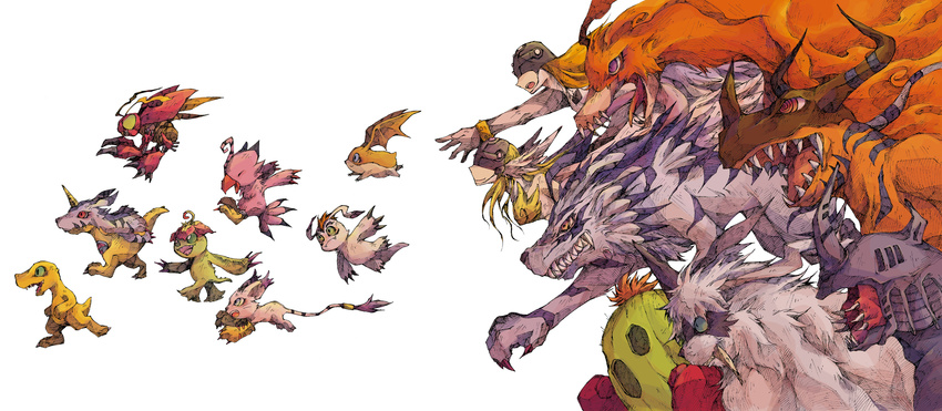 angemon angewomon bad_id bad_pixiv_id beak bird blonde_hair blue_eyes boxing_gloves bug claws creature digimon feathers gabumon garudamon garurumon gloves gomamon green_eyes greymon head_wings helmet highres horn horns ikkakumon insect kabuterimon kuuneru long_hair monster no_humans orange_hair palmon patamon paw_gloves paws piyomon red_eyes sharp_teeth tail tailmon talons teeth tentomon togemon tusks yellow_eyes