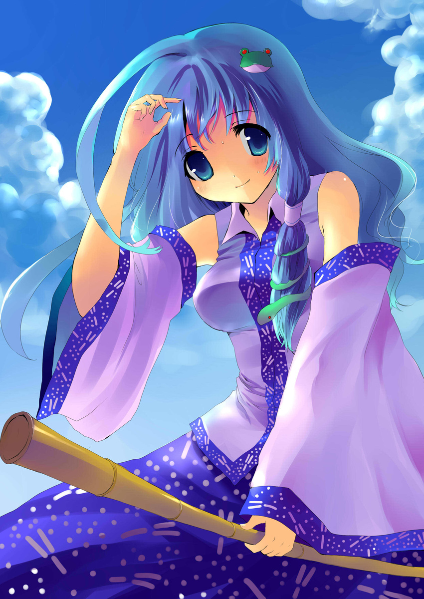 absurdres alternate_color bad_id bad_pixiv_id bamboo_broom bare_shoulders blue_eyes blue_hair broom detached_sleeves frog hair_ornament hair_tubes highres jpeg_artifacts kobanzame kochiya_sanae long_hair smile solo sweat touhou