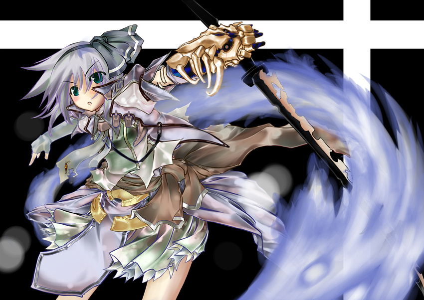 alternate_costume green_eyes highres hitodama katana konpaku_youmu konpaku_youmu_(ghost) mag_(giraffe009) ribbon silver_hair solo sword touhou weapon