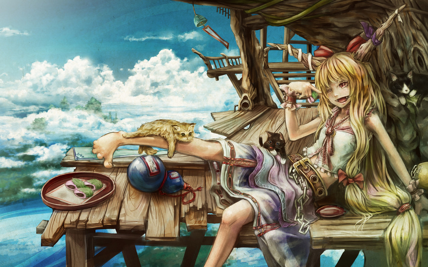 alcohol barefoot blonde_hair cat cloud day fangs food gourd highres horns ibuki_suika modama one_eye_closed sake sakura_mochi sky solo touhou tray treehouse wagashi wallpaper wind_chime