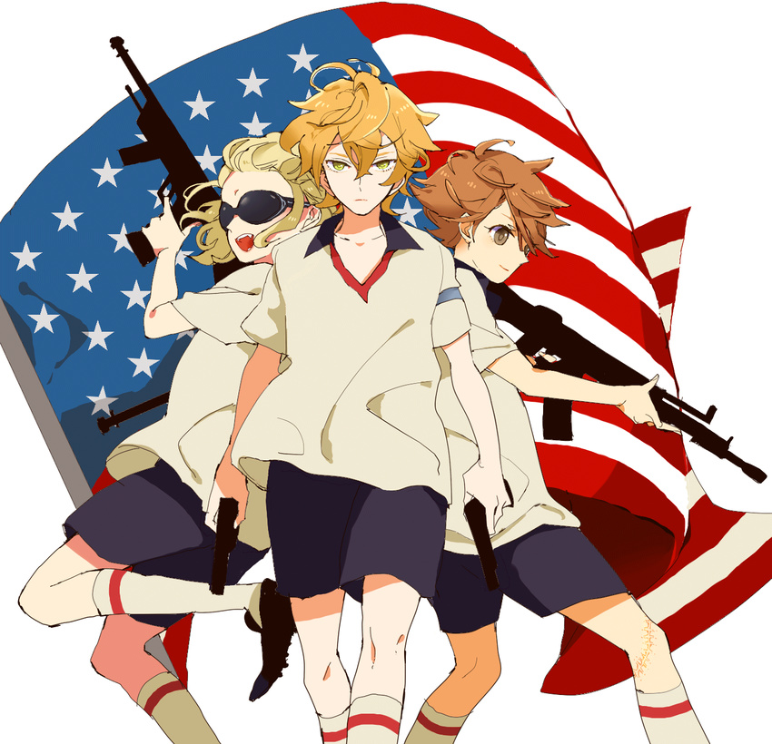 american_flag blonde_hair brown_hair dual_wielding dylan_keith gun handgun highres holding ichinose_kazuya inazuma_eleven inazuma_eleven_(series) lastgray mark_kruger multiple_boys soccer_uniform sportswear weapon