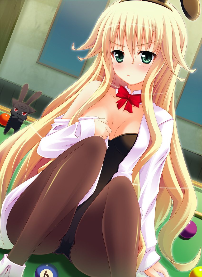 animal_ears ball billiards blonde_hair bunny bunny_ears bunnysuit cue_ball dress_shirt green_eyes highres long_hair original pantyhose shirt solo usaginezumi