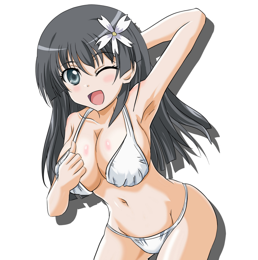 bikini black_eyes black_hair breasts flower highres large_breasts leaning_forward long_hair one_eye_closed saten_ruiko solo swimsuit takumi_(rozen_garten) to_aru_kagaku_no_railgun to_aru_majutsu_no_index