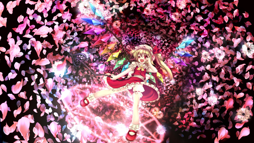 :d blonde_hair bloomers bobby_socks doily enone flandre_scarlet floating hand_on_own_face hat highres laevatein magic_circle mary_janes open_mouth petals red_eyes shoes short_hair side_ponytail smile socks solo squinting touhou underwear wallpaper white_legwear wings