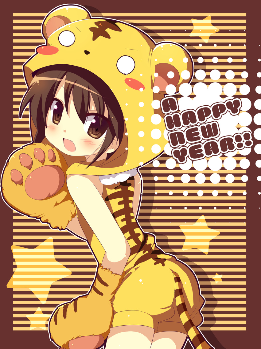 2010 absurdres animal_costume animal_ears animal_print blush blush_stickers brown_eyes brown_hair costume english fang highres kimoko looking_back new_year original paws shadow solo star tail tiger_costume tiger_ears tiger_print tiger_tail