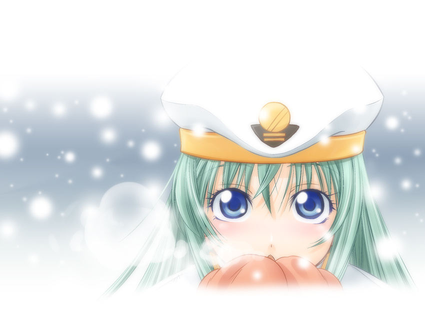 alice_carroll aria blue_eyes breath face green_hair hat highres mittens shinozaki_akira snow solo