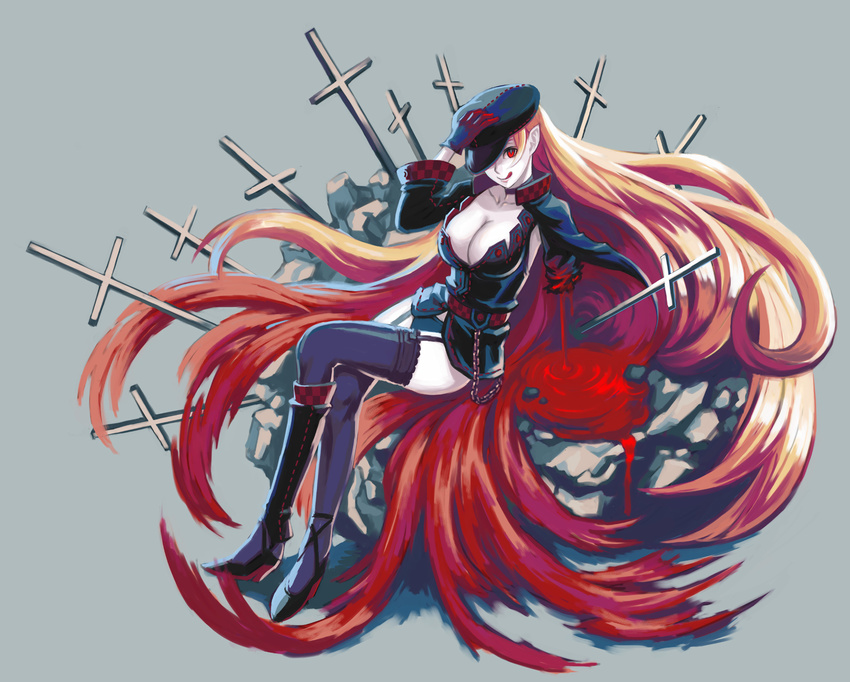 :q breasts cleavage cross hat highres large_breasts legs long_hair original red_eyes red_hair solo tongue tongue_out utu_(ldnsft) very_long_hair