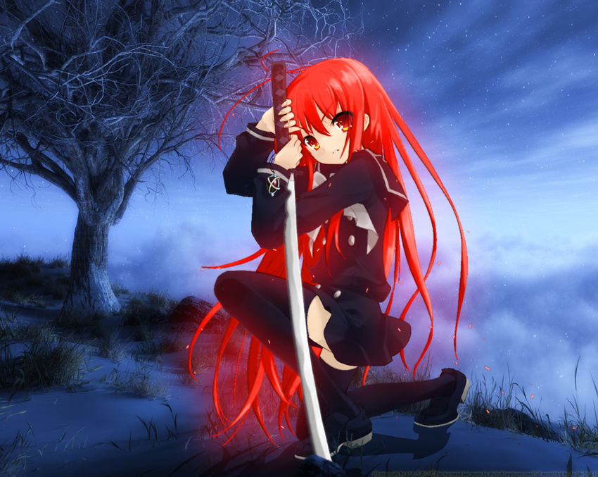 alastor_(shakugan_no_shana) itou_noiji jewelry katana night night_sky pendant red_hair shakugan_no_shana shana sky sword takahashi_yashichirou third-party_edit tree weapon yellow_eyes