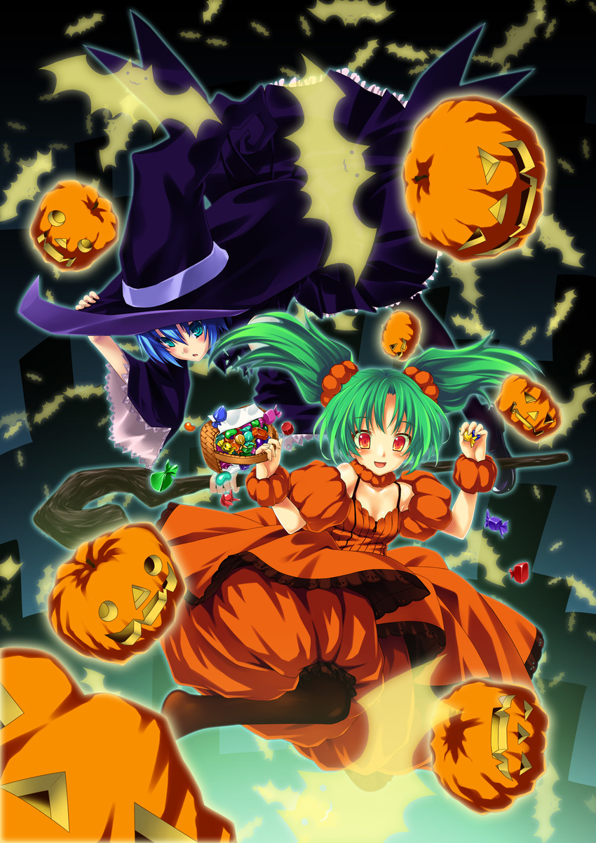 bat bloomers blue_eyes blue_hair blush candy cape food green_hair halloween hat highres jack-o'-lantern multiple_girls night open_mouth original pumpkin pumpkin_pants red_eyes short_hair sky staff tatsu_tairagi tougarashi twintails underwear witch witch_hat