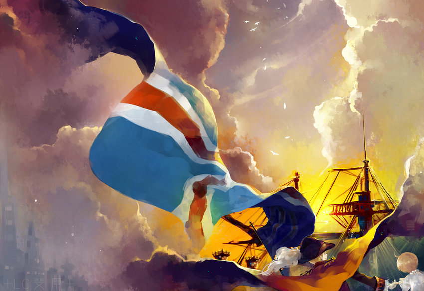 america_(hetalia) axis_powers_hetalia bird blonde_hair cloak cloud faux_traditional_media flag hat male_focus multiple_boys patriotism saiyki ship sky united_kingdom_(hetalia) watercraft younger