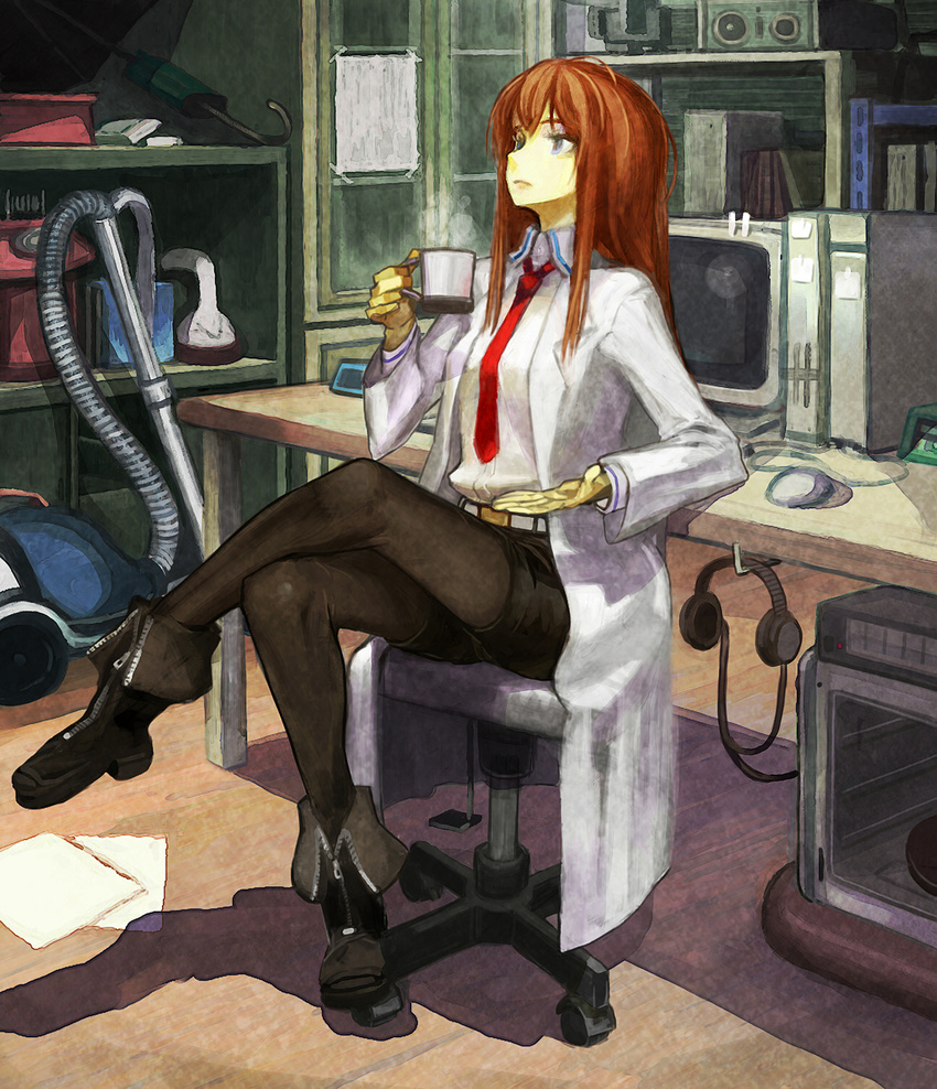 ahoge ankle_boots bad_id bad_pixiv_id boots brown_hair brown_legwear chair coffee_mug computer crossed_legs cup cushion desk drink drinking headphones highres indoors labcoat long_hair makise_kurisu microwave monitor mouse_(computer) mug necktie pantyhose paper red_hair red_neckwear room ryman shelf sitting solo steam steins;gate umbrella vacuum_cleaner x68000