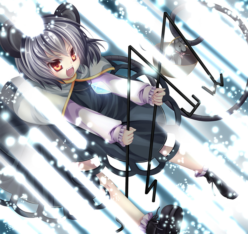 animal_ears bad_id bad_pixiv_id basket danmaku fangs glowing grey_hair highres jewelry mikazuki_sara mouse mouse_ears mouse_tail nazrin pendant red_eyes short_hair solo tail touhou