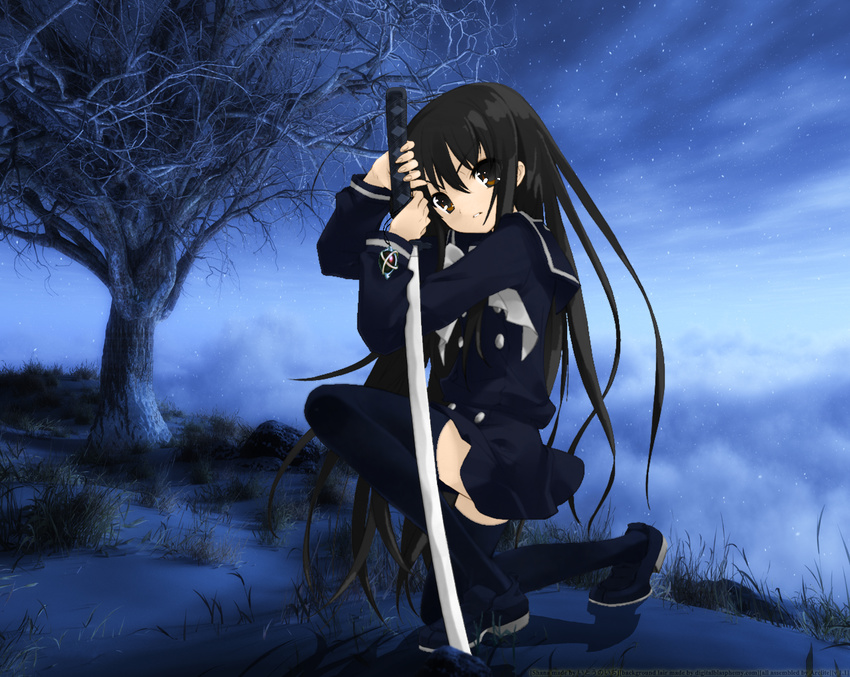 alastor_(shakugan_no_shana) black_hair itou_noiji jewelry katana night night_sky pendant shakugan_no_shana shana sky sword takahashi_yashichirou tree weapon