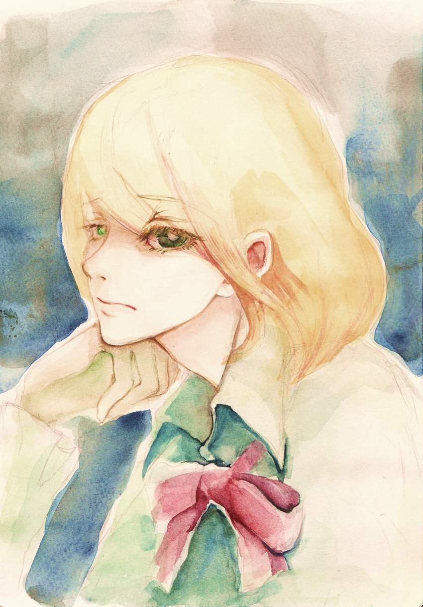 absurdres allan_twilight androgynous anmonaito blonde_hair bow bowtie chin_rest eyelashes graphite_(medium) green_eyes highres looking_at_viewer male_focus poe_no_ichizoku portrait red_ribbon ribbon solo traditional_media watercolor_(medium)