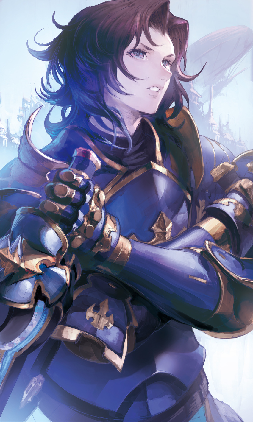 aircraft armor bangs blue_armor blue_eyes building day dual_wielding granblue_fantasy highres hikaru_(atelier_no_note) holding holding_sword holding_weapon lancelot_(granblue_fantasy) male_focus parted_bangs sky solo sword upper_body weapon