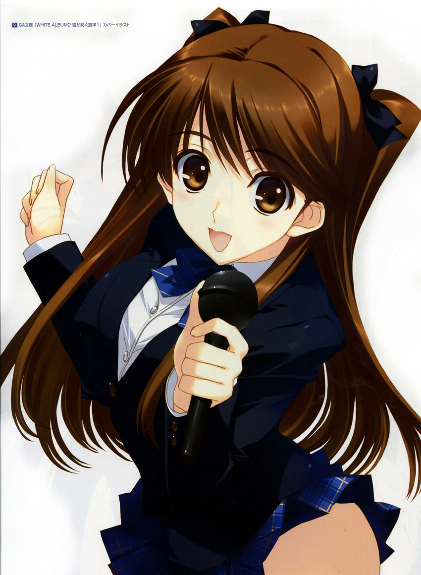 absurdres blazer brown_eyes brown_hair hair_ribbon highres jacket long_hair looking_at_viewer looking_up microphone nakamura_takeshi non-web_source ogiso_setsuna open_mouth pleated_skirt ribbon school_uniform simple_background skirt smile solo white_album_2