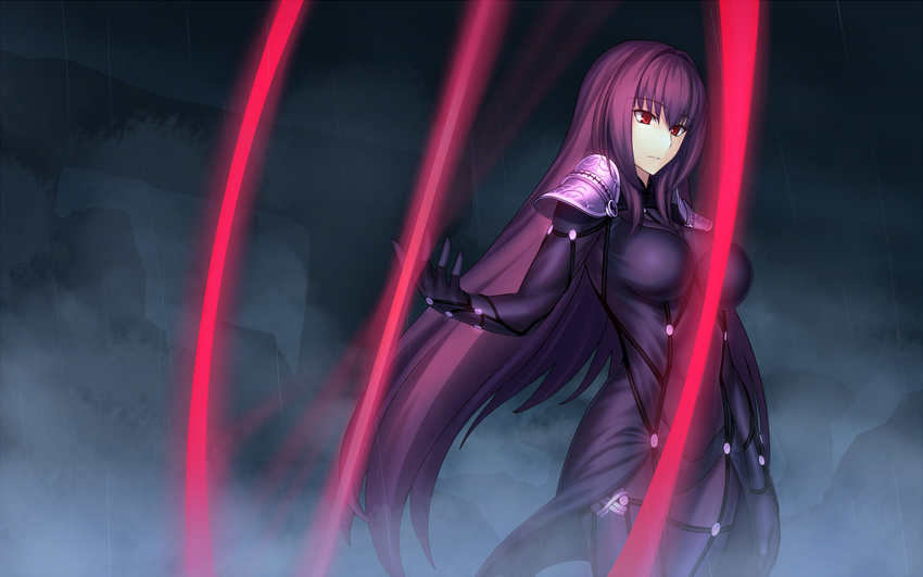 bodysuit breasts covered_navel fate/grand_order fate_(series) fog kotera_ryou large_breasts long_hair parted_lips pauldrons purple_bodysuit purple_hair rain red_eyes scathach_(fate)_(all) scathach_(fate/grand_order) solo upper_body very_long_hair