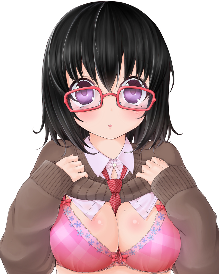 between_breasts black_hair blush bra breasts clothes_lift colorized glasses highres kou_mashiro large_breasts lifted_by_self mole mole_on_breast necktie necktie_between_breasts original purple_eyes shirt_lift short_hair simple_background solo sweater sweater_lift tsuruoka_masayoshi_to_junjou_romantica_2 underwear white_background