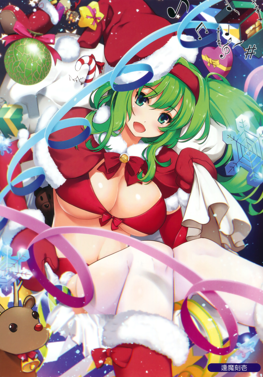 absurdres bell bikini blush boots box breasts candy candy_cane capelet christmas eighth_note food fur_trim gloves green_eyes green_hair hairband hat highres holding jingle_bell knee_boots large_breasts long_hair musical_note navel open_mouth original ouma_tokiichi quarter_note red_bikini red_gloves reindeer sack santa_hat scan smile snow snowflakes solo swimsuit thighhighs treble_clef white_legwear