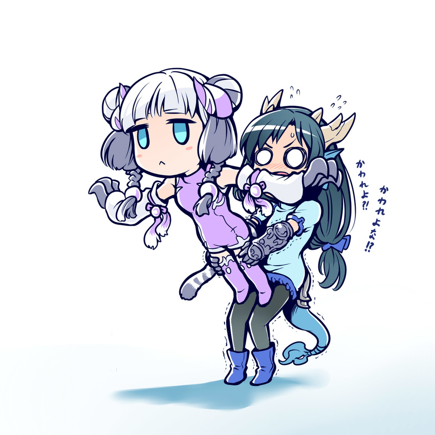 :&lt; black_hair blue_eyes blush blush_stickers boots braid chibi china_dress chinese_clothes claw_(weapon) double_bun dragon_girl dragon_horns dragon_tail dress flying_sweatdrops gauntlets gymnastics haku_(p&amp;d) head_fins highres holding horns ishiyumi jitome karin_(p&amp;d) knee_boots long_hair multicolored_hair multiple_girls o_o open_mouth pantyhose puzzle_&amp;_dragons saboten_pose sweat tail tiger_tail translated trembling twin_braids two-tone_hair weapon white_hair