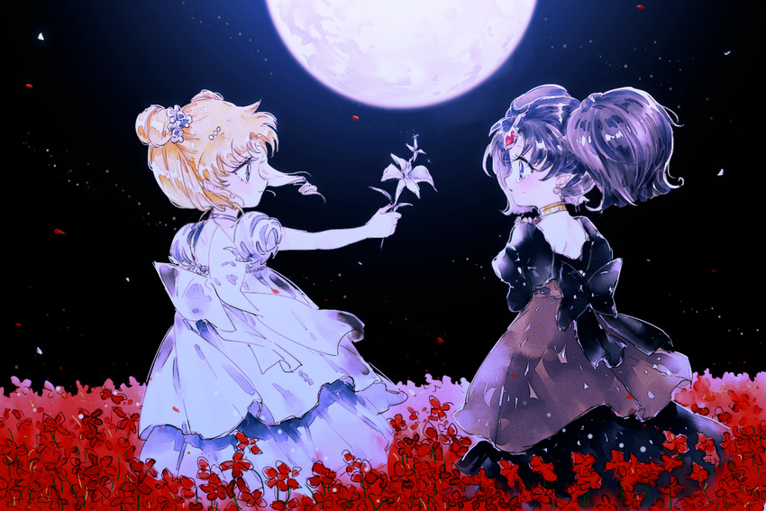 :| ahma bishoujo_senshi_sailor_moon black_dress black_hair blonde_hair blue_eyes blush child choker closed_mouth crescent curly_hair double_bun dress earrings facial_mark field flower flower_field forehead_jewel forehead_mark gift hair_ornament holding holding_flower jewelry juliet_sleeves long_hair long_sleeves moon multiple_girls nehelenia_(sailor_moon) night night_sky outdoors pointy_ears princess_serenity puffy_short_sleeves puffy_sleeves purple_hair reflective_floor short_sleeves sky tears tsukino_usagi twintails white_dress white_flower wind younger