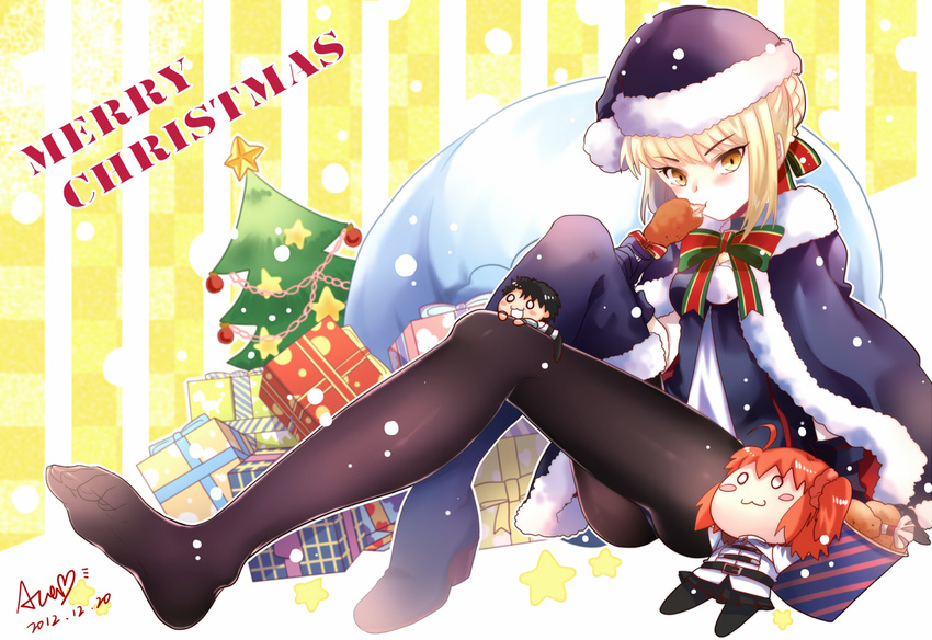 :3 ahoge alternate_costume arm_support artoria_pendragon_(all) ball bangs bauble belt black_footwear black_legwear blank_eyes blonde_hair blush blush_stickers boots bow bowtie box braid cape chain character_doll chicken_leg christmas christmas_ornaments christmas_tree cloak cup eating eyebrows eyebrows_visible_through_hair fate/grand_order fate_(series) feet food food_in_mouth fujimaru_ritsuka_(female) fujimaru_ritsuka_(male) fur-trimmed_boots fur_trim gift gift_box gloves hair_ribbon hat high_heel_boots high_heels hood hooded_cloak long_hair long_legs looking_at_viewer merry_christmas no_shoes orange_hair panties panties_under_pantyhose pantyhose pantyshot pantyshot_(sitting) plaid polka_dot pom_pom_(clothes) puyue ribbon sack santa_alter santa_hat signature single_boot sitting snowing soles solo star striped striped_background striped_bow striped_neckwear striped_ribbon thigh_boots thighhighs toes underwear yellow_background yellow_eyes