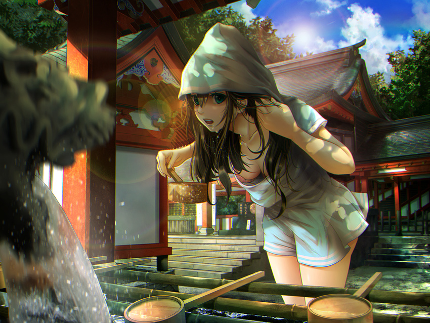 architecture bad_id bad_pixiv_id bamboo bangs black_hair blue_eyes blue_sky blurry blush bokeh bra breasts cleavage cloud collarbone comb combing cowboy_shot day depth_of_field downblouse dripping east_asian_architecture fountain hair_tucking hishaku hood leaning_forward lens_flare long_hair looking_at_viewer medium_breasts open_mouth original outdoors sho_(shoichi-kokubun) short_sleeves shorts sky solo stairs standing statue summer sun teeth temizu temple tree underwear water wet
