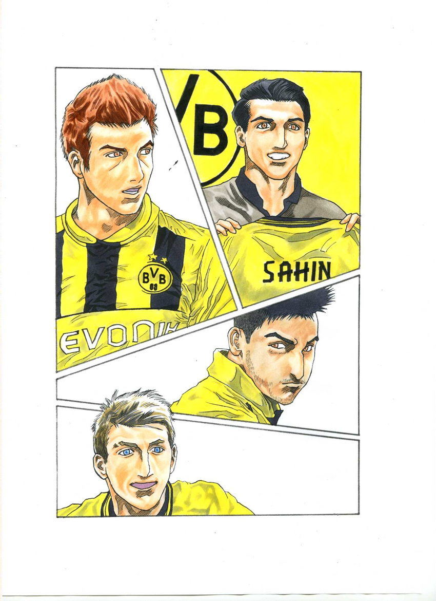 :d beard black_hair blonde_hair blue_eyes borussia_dortmund brown_eyes brown_hair bundesliga emblem facial_hair germany highres ilkay_gundogan marco_reus mario_gotze multiple_boys mutsuki_hiro name_tag nuri_sahin open_mouth real_life short_hair smile soccer soccer_uniform sportswear star