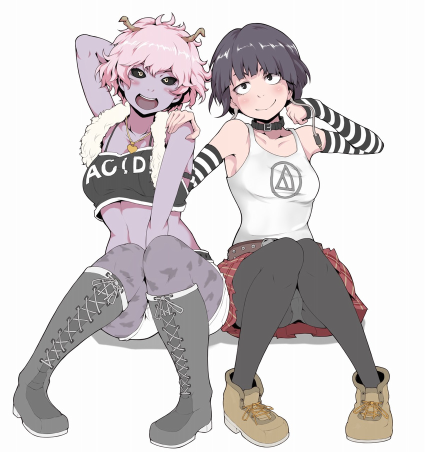 arm_behind_head arm_warmers ashido_mina belt between_legs black_eyes black_hair black_legwear black_sclera blush boku_no_hero_academia boots casual choker clothes_writing crop_top cross-laced_footwear feather_boa grey_footwear hand_between_legs hand_on_another's_shoulder heart heart_necklace highres horns ina_(gokihoihoi) jirou_kyouka knee_boots lace-up_boots legwear_under_shorts midriff multiple_girls open_mouth panties panties_under_pantyhose pantyhose pantyhose_under_shorts pantyshot pantyshot_(sitting) pink_hair plaid plaid_skirt plug purple_skin shoes short_hair short_shorts shorts sitting skirt smile striped tank_top underwear yellow_eyes