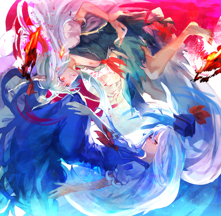 bangs barefoot blue_dress blue_hair bow breasts cleavage dress dual_persona ex-keine fang fingernails fire floating_hat green_hair hair_between_eyes hair_bow hat hat_removed headwear_removed highres horn_bow horns kamishirasawa_keine kotaro-nosuke long_fingernails long_hair long_toenails looking_at_another medium_breasts multiple_girls nail_polish open_mouth puffy_short_sleeves puffy_sleeves red_eyes red_nails ribbon sharp_fingernails sharp_toenails shirt short_sleeves teeth toenails torn_clothes torn_dress touhou very_long_hair white_shirt